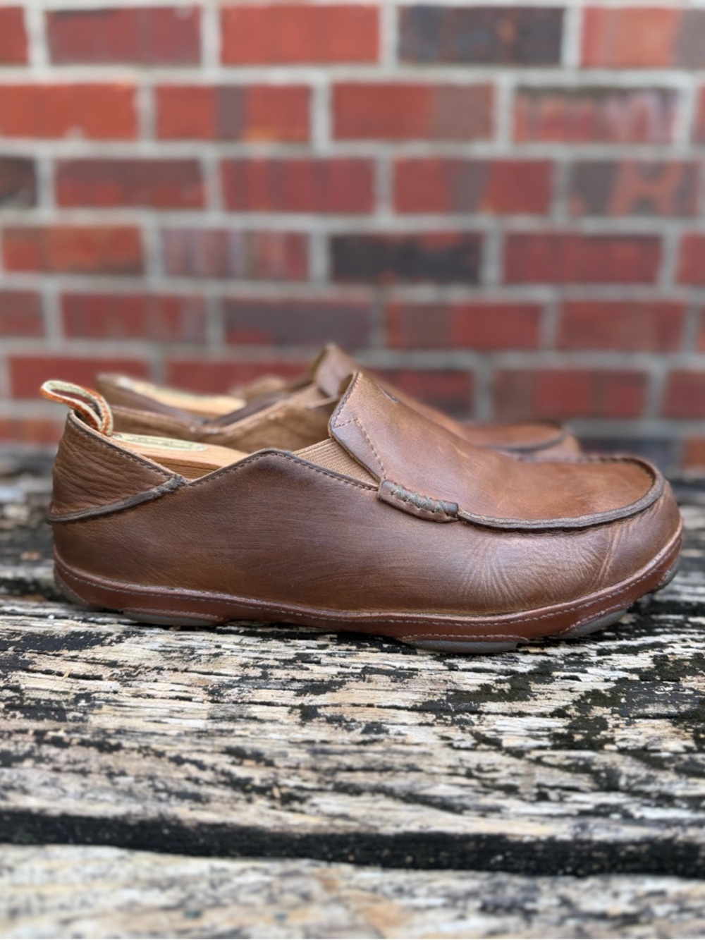 Olukai Moloa Men’s Size 11.5 Waxed Nubuck Brown Leather Slip-On Loafers X1